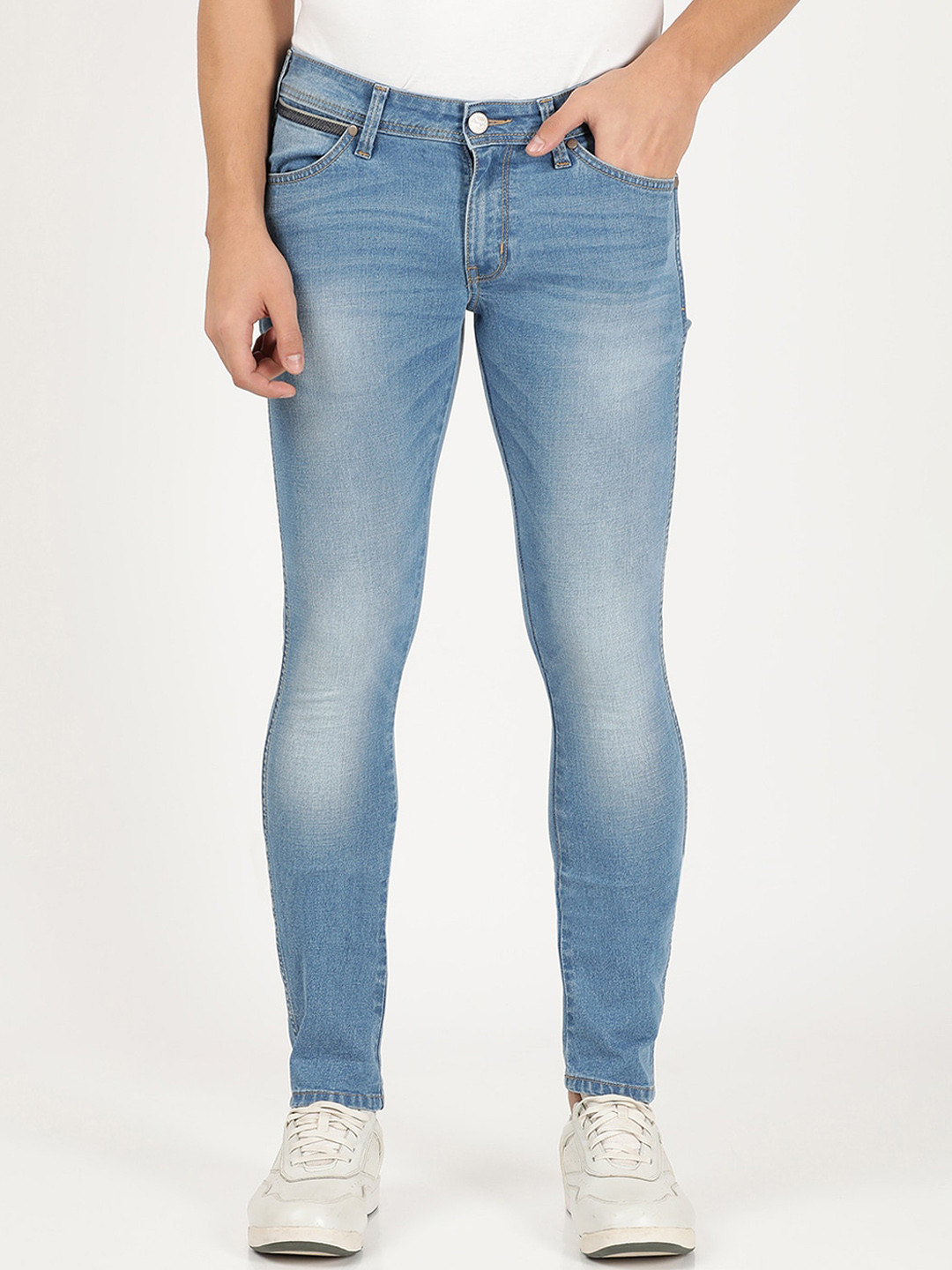 

Wrangler Men Skinny Fit Low-Rise Heavy Fade Stretchable Cotton Jeans, Blue