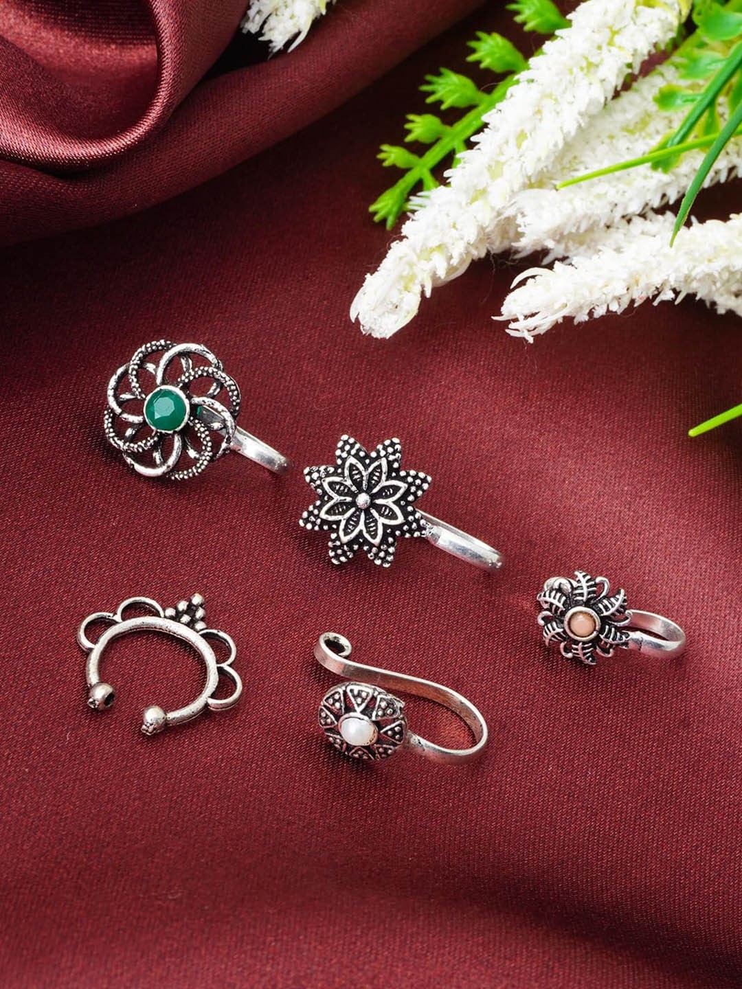 

Urmika Set Of 5 Oxidised Stone Studded Nosepin, Silver