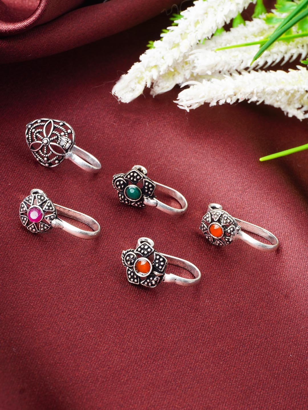

Urmika Set Of 5 Oxidized Stone Studded Clip-On Nosepins, Silver