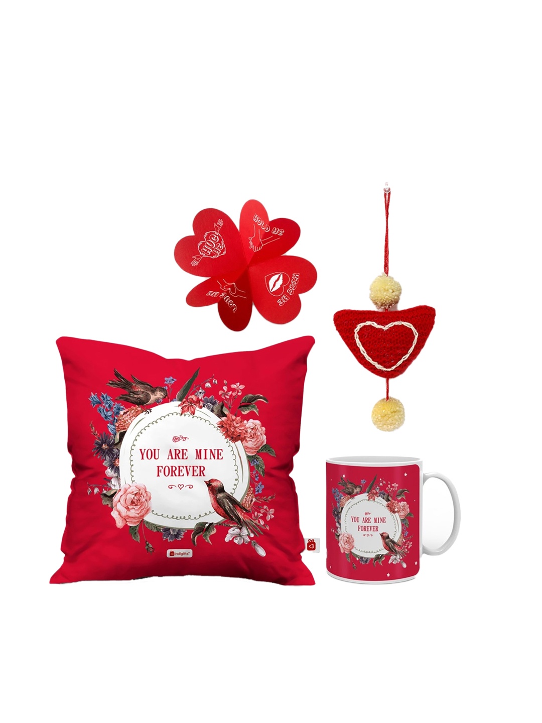 

Indigifts Red and White Printed Pre-Filled Cushion With Mug 300 ml & 1 Hanging Heart