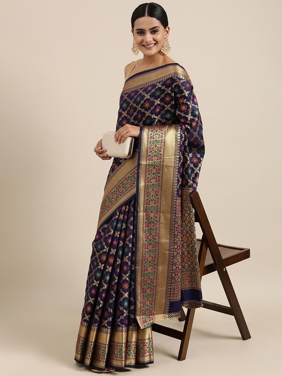 

GAJARAI Woven Design Zari Patola Saree, Navy blue