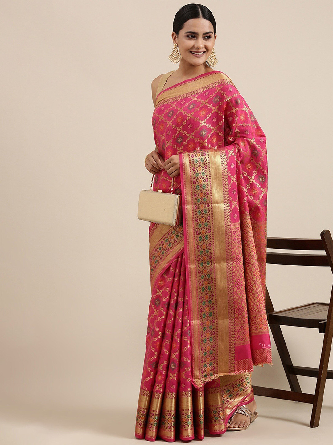 

GAJARAI Woven Design Zari Patola Saree, Pink