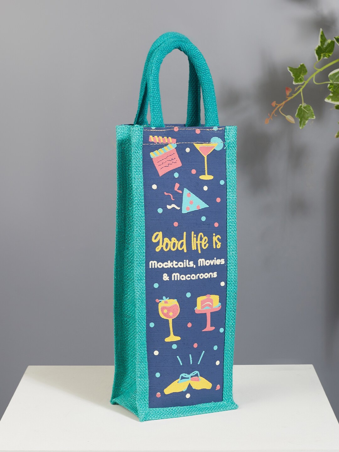 

HomeTown Good Life Macaroon Printed Jute Bottle Bag, Navy blue