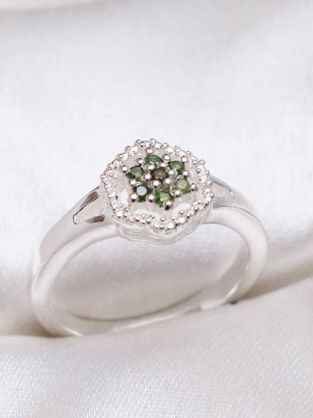

HIFLYER JEWELS Silver-Plated American Diamond Sterling Silver Studded Ring, Green
