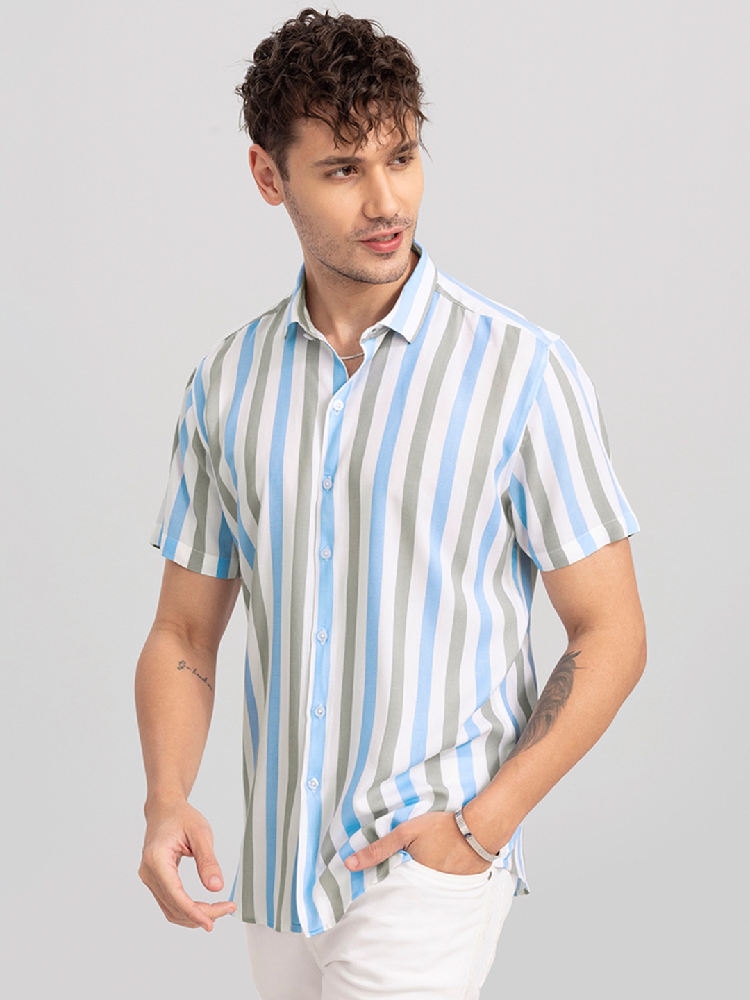 

Snitch Men Slim Fit Striped Short Sleeves Casual Shirt, Mustard