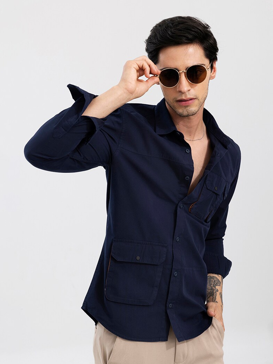 

Snitch Men Long Sleeves Cotton Slim Fit Casual Shirt, Navy blue