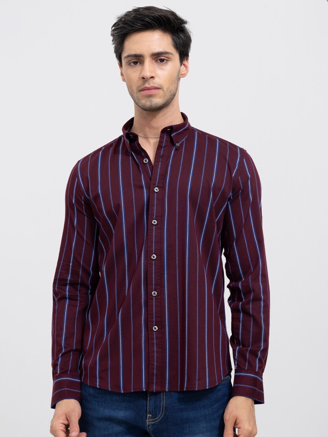 

Snitch Men Slim Fit Striped Casual Cotton Shirt, Maroon