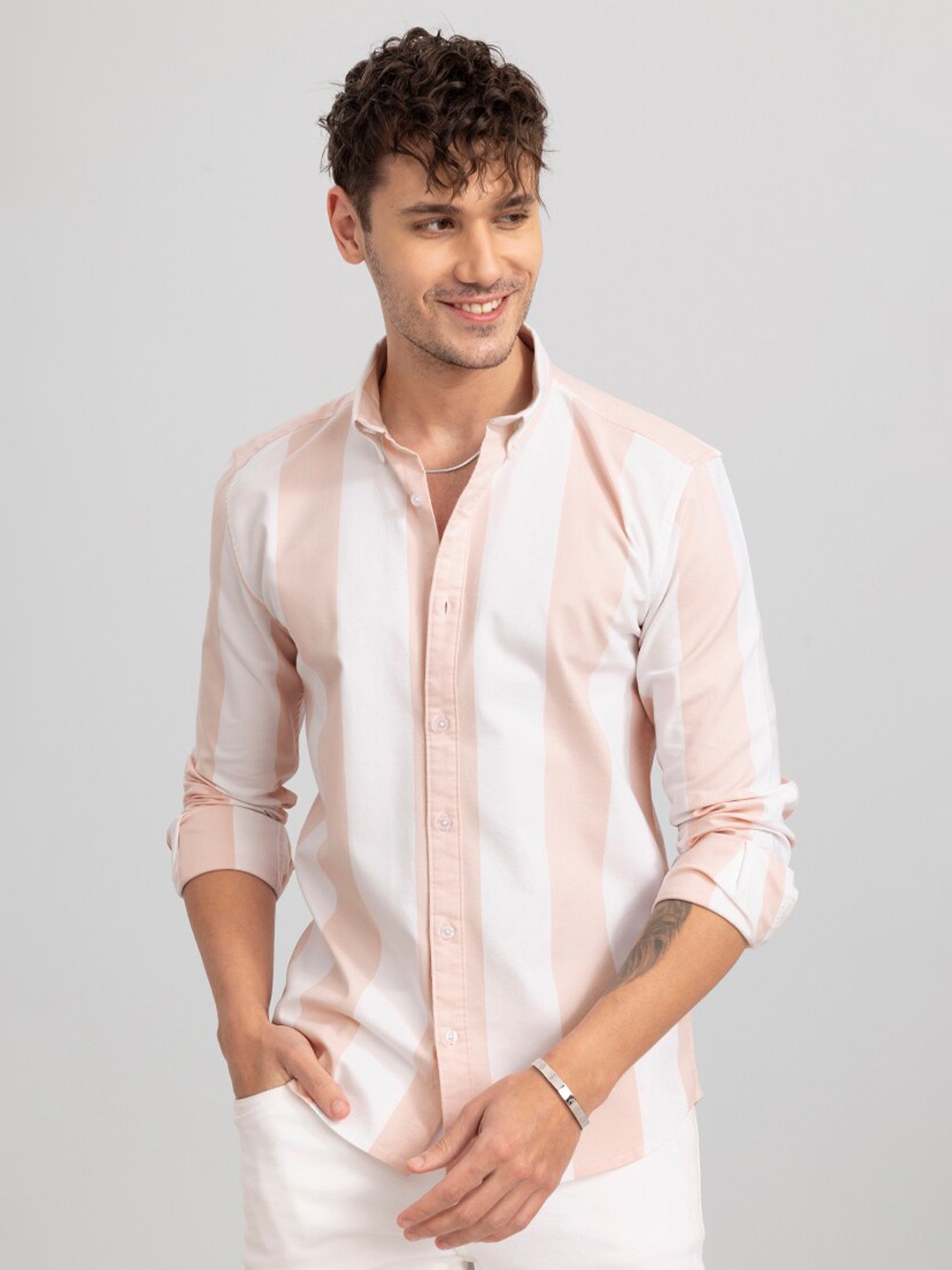 

Snitch Men Slim Fit Striped Cotton Casual Shirt, Pink