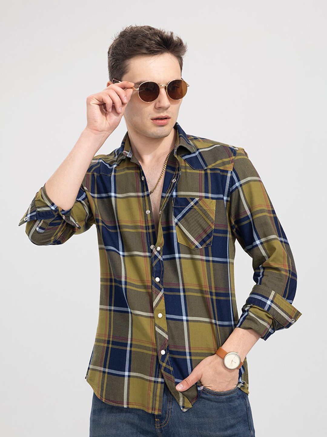 

Snitch Men Slim Fit Tartan Checked Casual Cotton Shirt, Blue