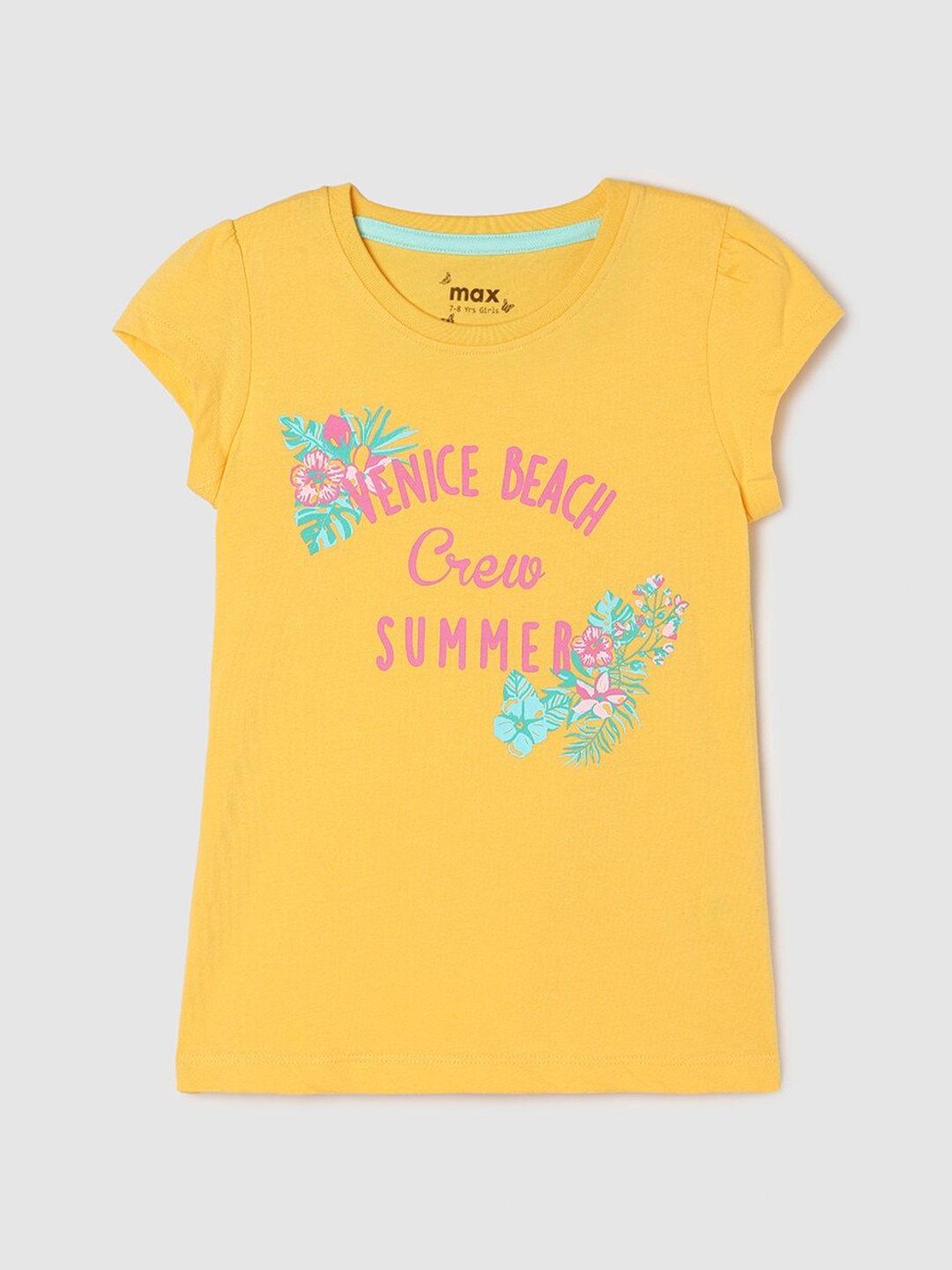 

max Girls Typography Printed Pure Cotton T-shirt, Yellow