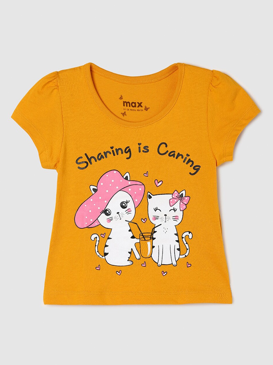 

max Girls Printed Round Neck Cotton T-shirt, Mustard