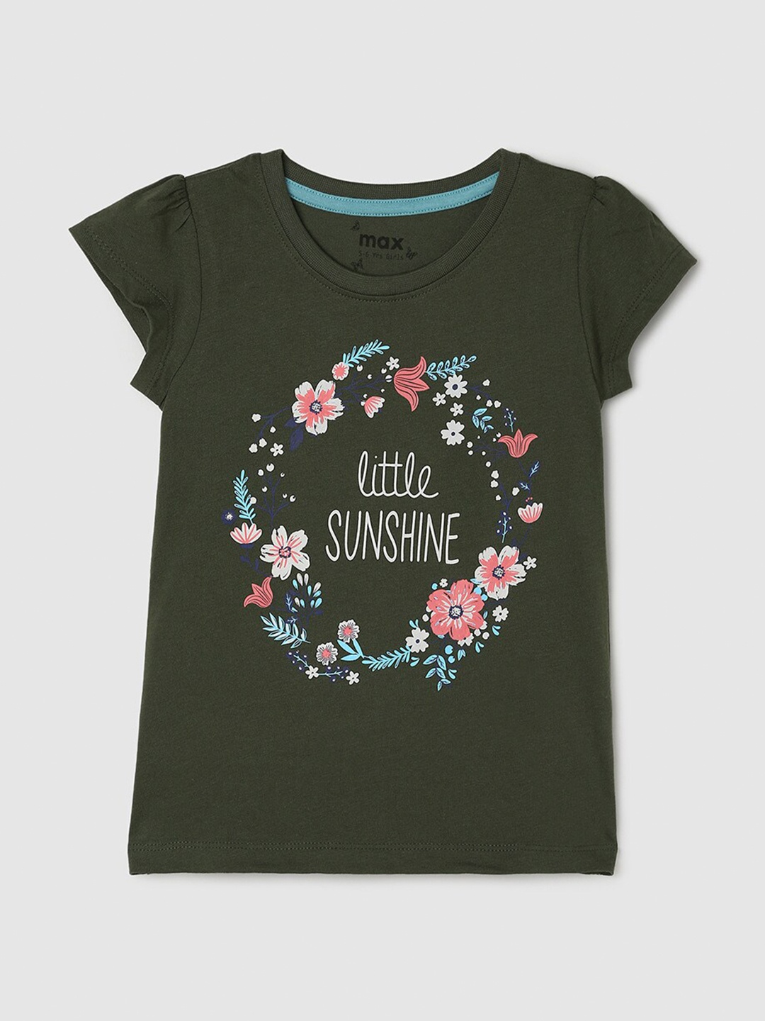 

max Girls Pure Cotton Floral Printed Round Neck T-shirt, Olive