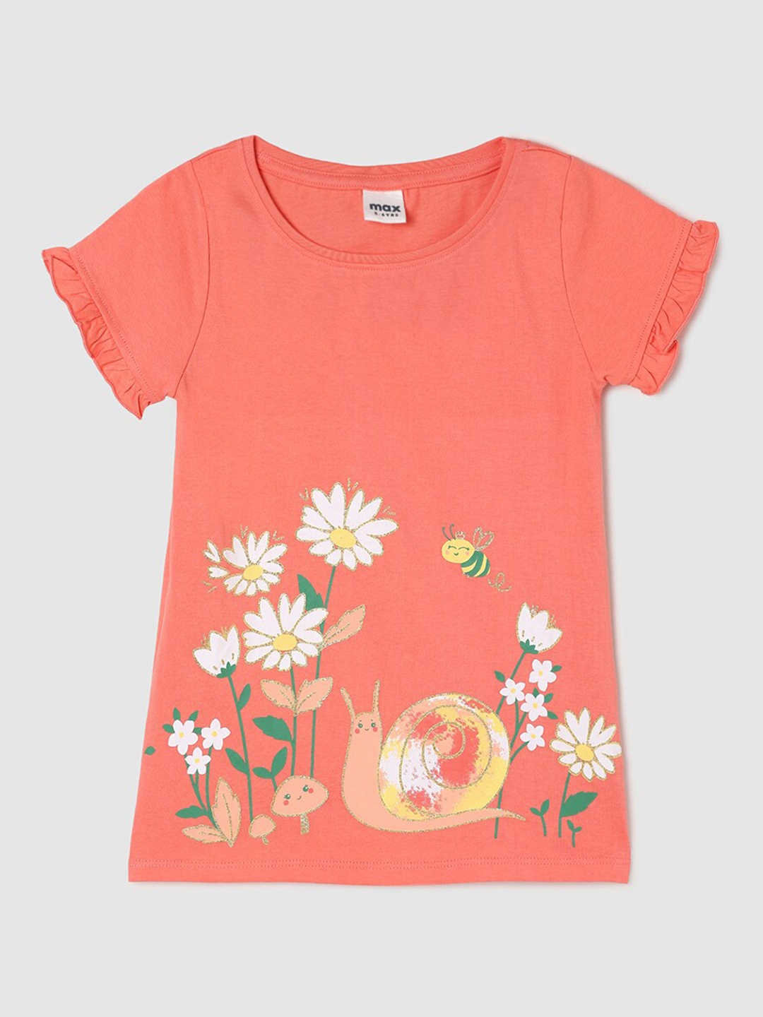 

max Girls Round Neck Floral Printed Pure Cotton T-shirt, Orange