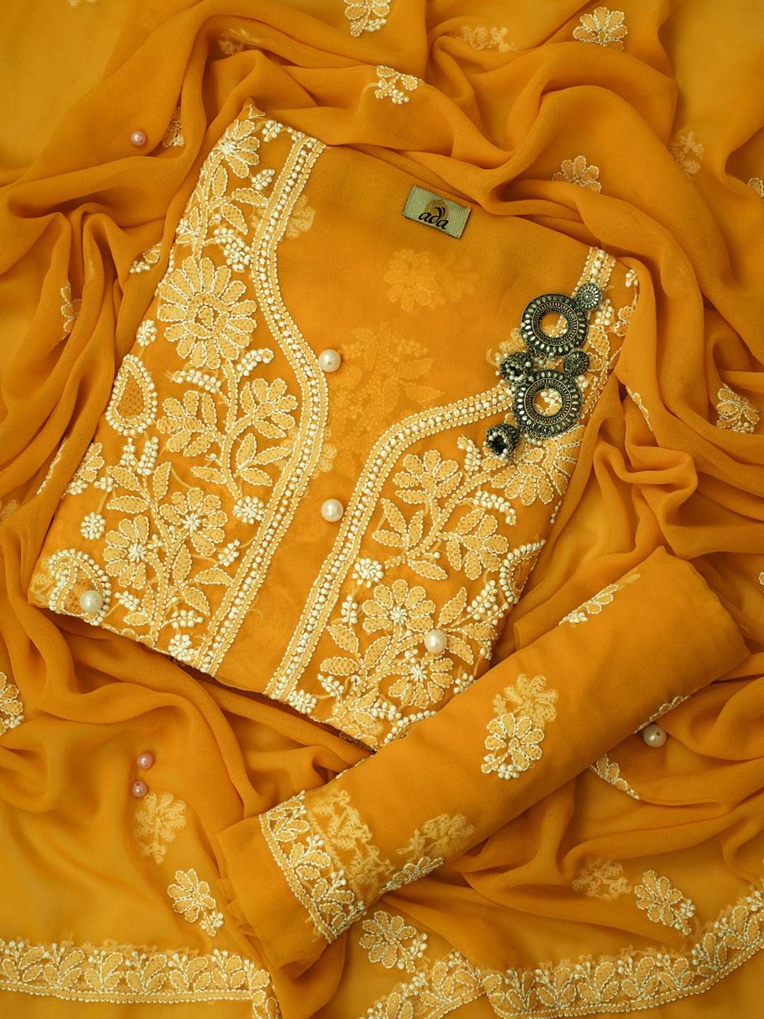 

ADA Embroidered Lucknowi Chikankari Mustard Unstitched Dress Material