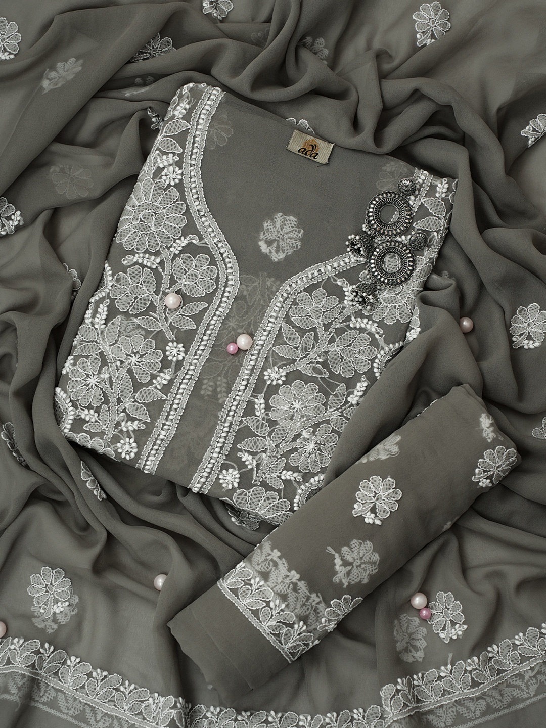 

ADA Embroidered Lucknowi Chikankari Unstitched Dress Material, Grey
