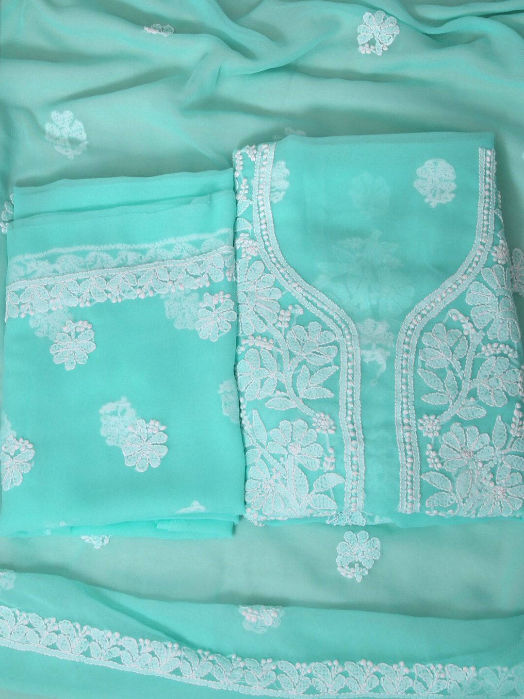 

ADA Chikankari Floral Embroidered Unstitched Dress Material, Sea green