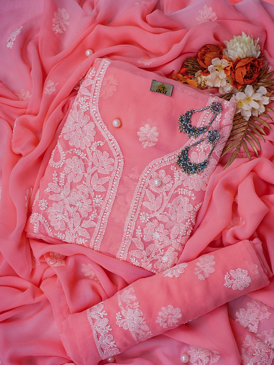 

ADA Embroidered Chikankari Unstitched Dress Material, Peach