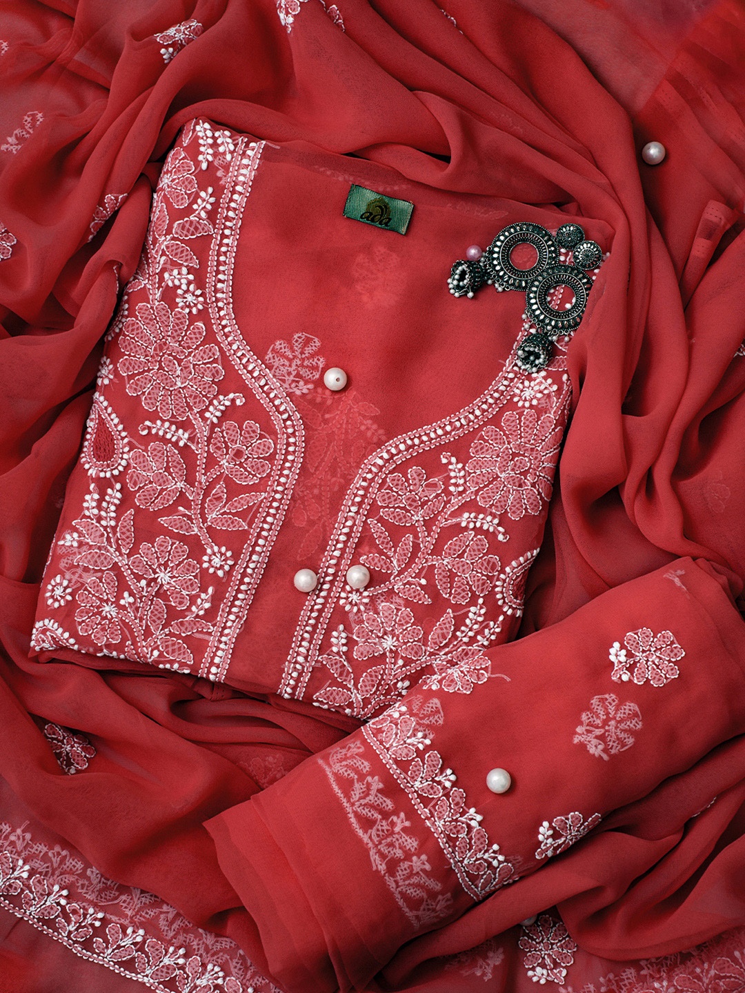 

ADA Embroidered Unstitched Dress Material, Red