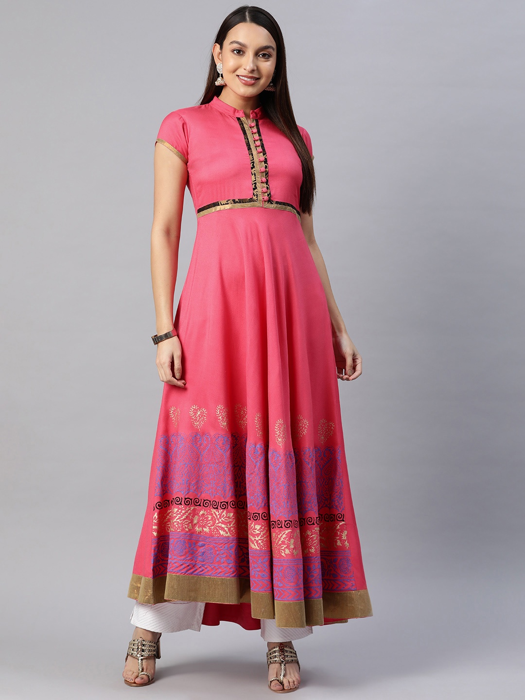 

MBE Women Ethnic Motifs Printed Block Print Anarkali Kurta, Pink