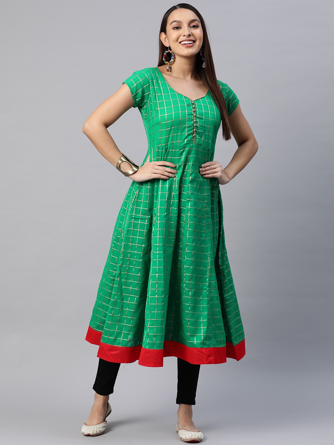 

MBE Women Checked Sweetheart Neck Block Print Pure Cotton Anarkali Kurta, Green