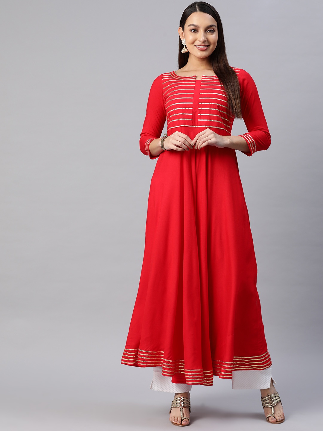 

MBE Women Striped Gotta Patti Anarkali Kurta, Red