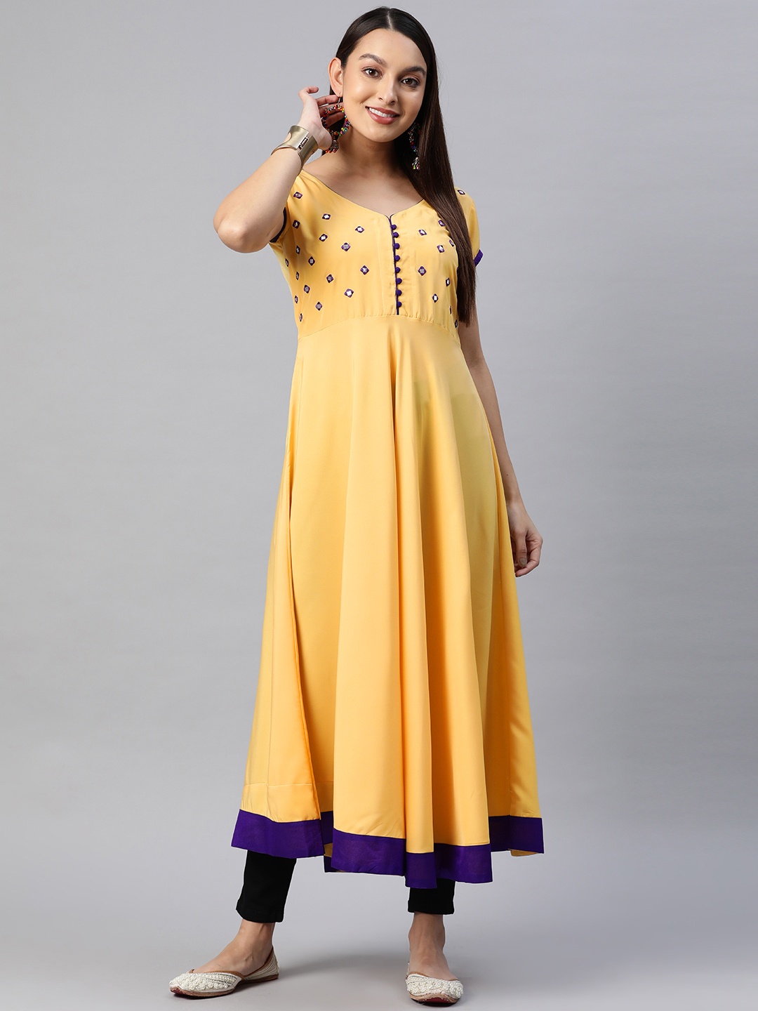 

MBE Women Embroidered Mirror Work Crepe Anarkali Kurta, Yellow