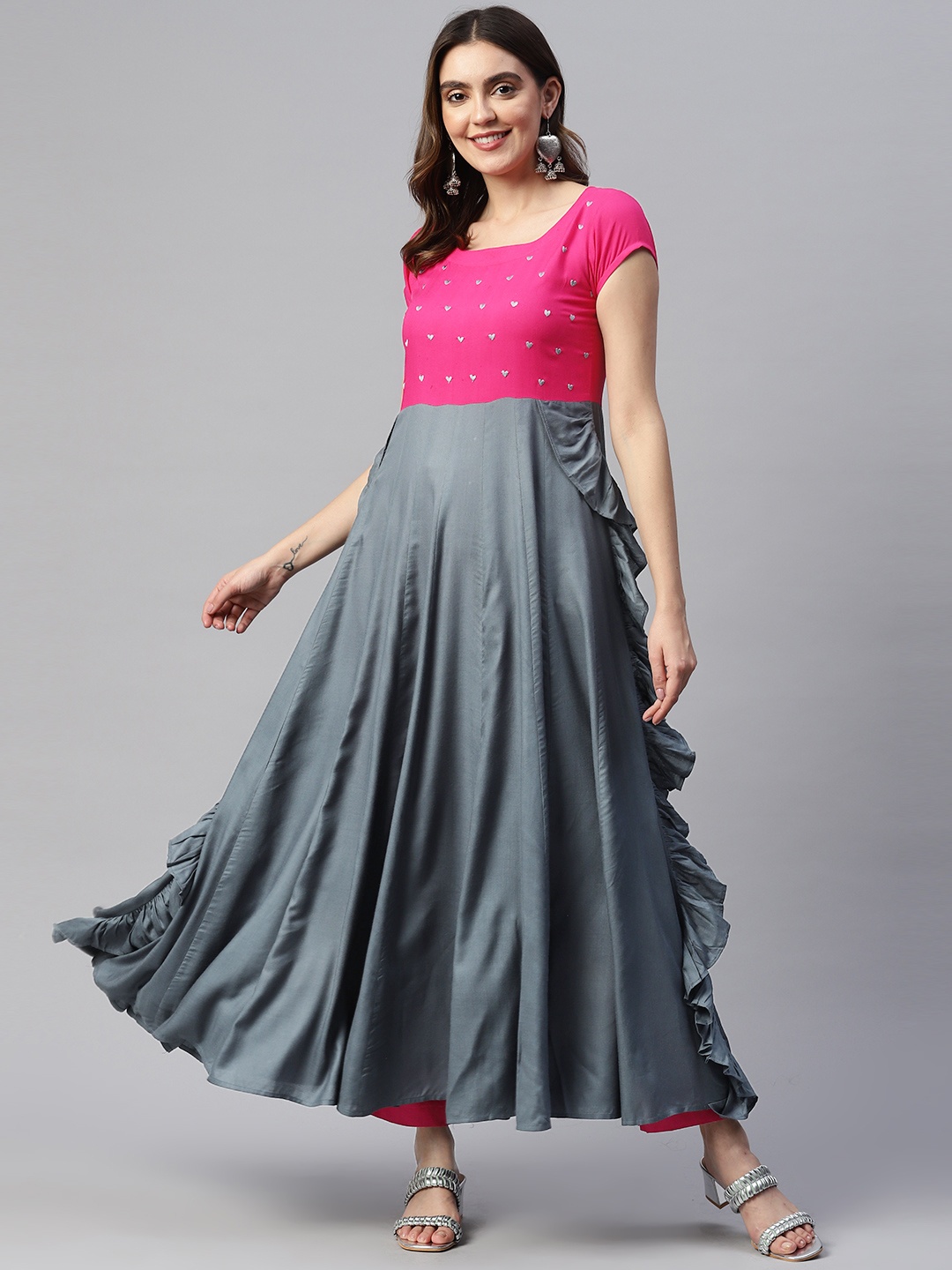 

MBE Women Geometric Embroidered Thread Work Ruffles Anarkali Kurta, Grey