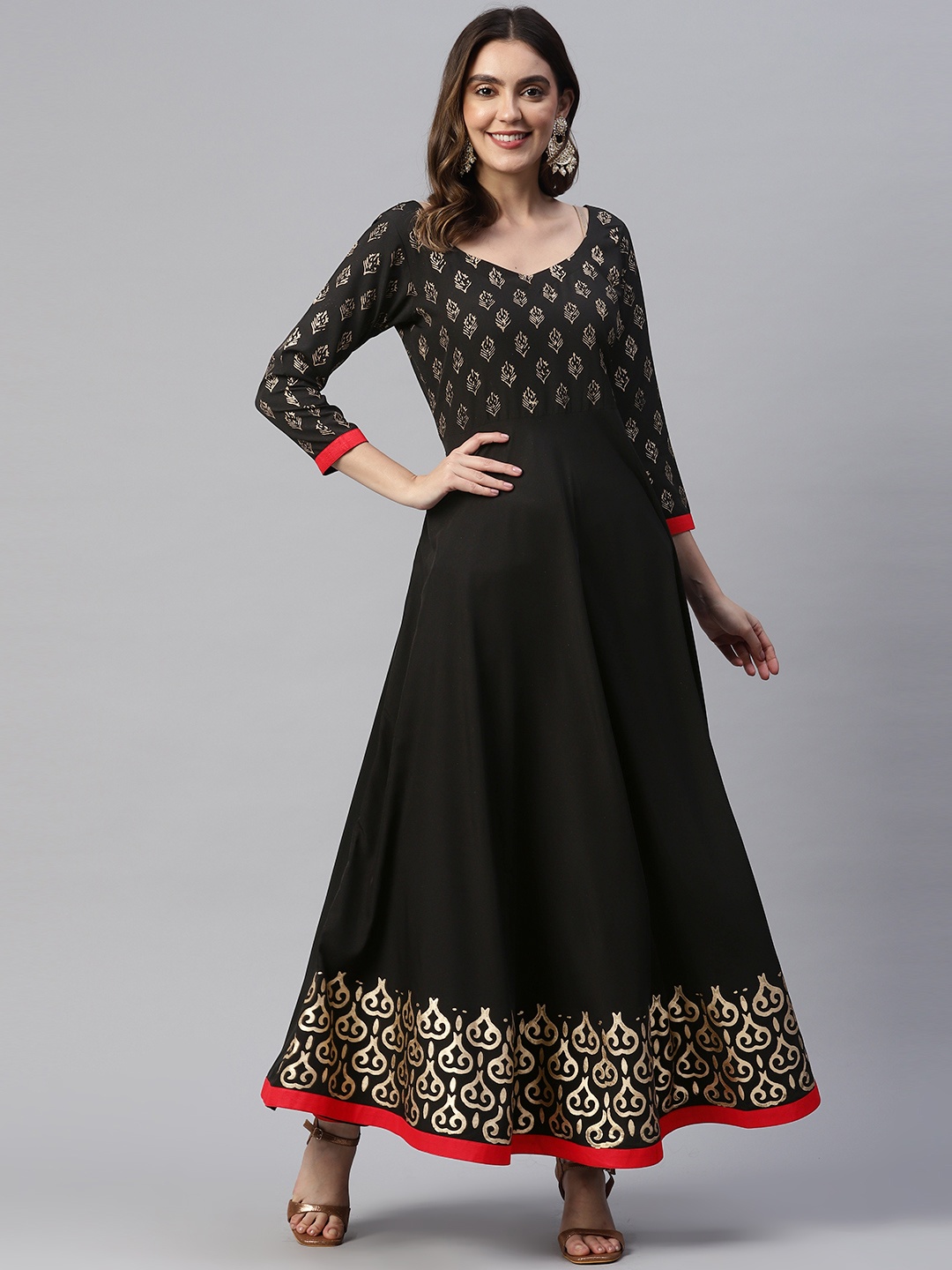 

MBE Women Ethnic Motifs Printed Crepe Anarkali Kurta, Black