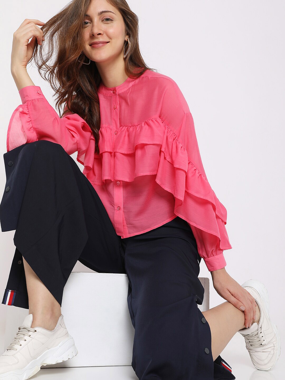 

Vero Moda Mandarin Collar Ruffles Shirt Style Top, Pink