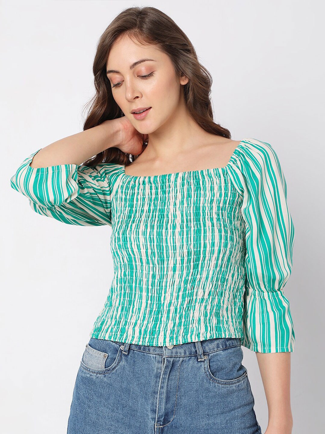 

Vero Moda Printed Striped Bardot Top, Green