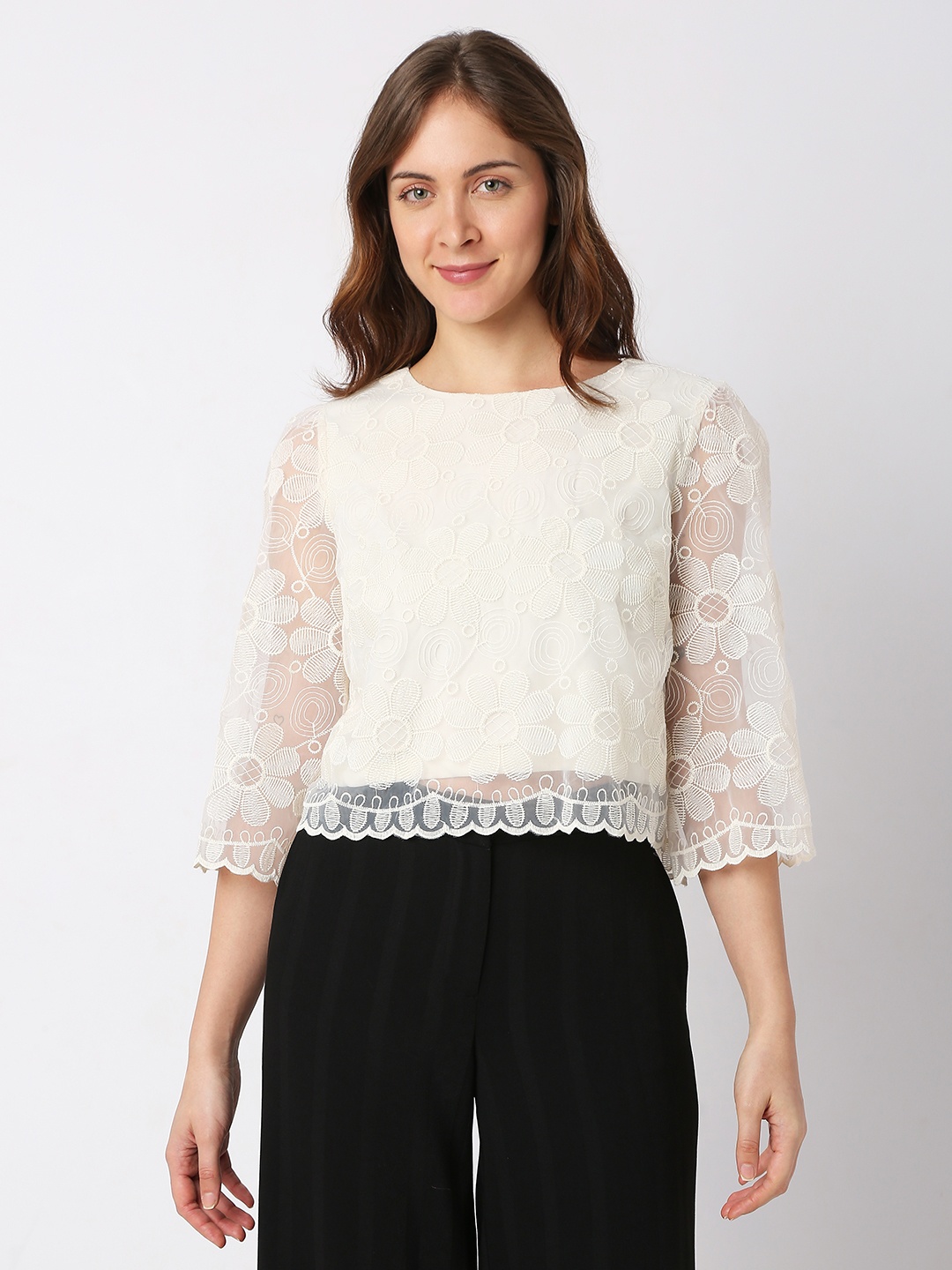 

Vero Moda Floral Embroidered Crop Top, Beige