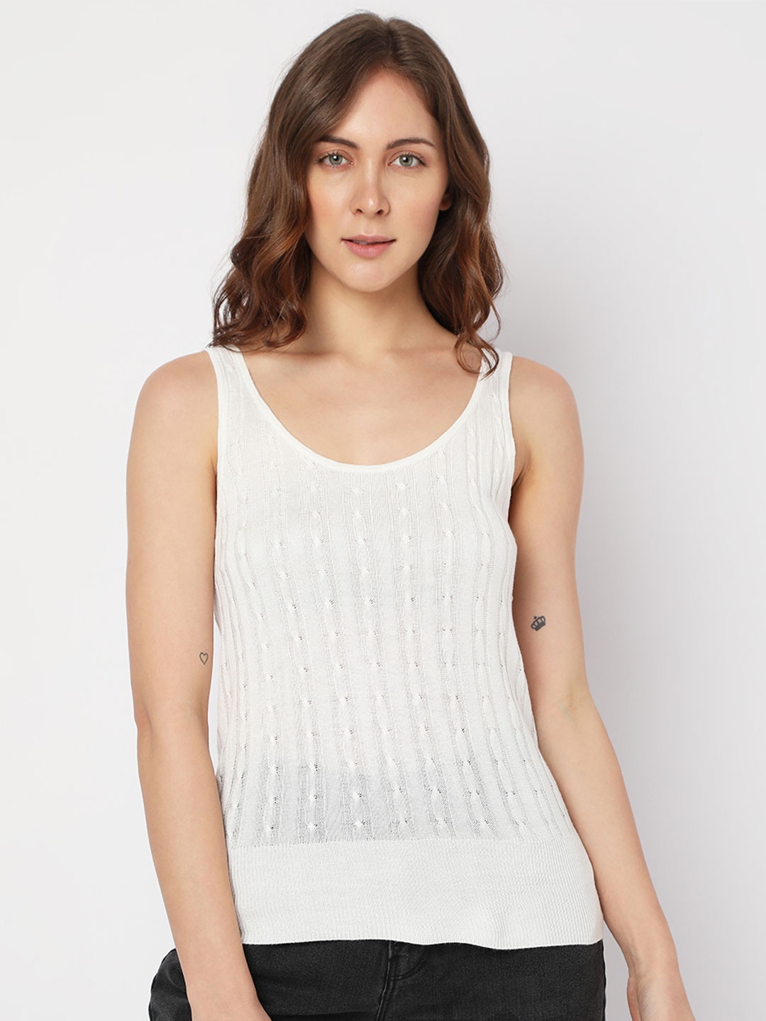

Vero Moda Self Design Scoop Neck Sleeveless Top, Off white