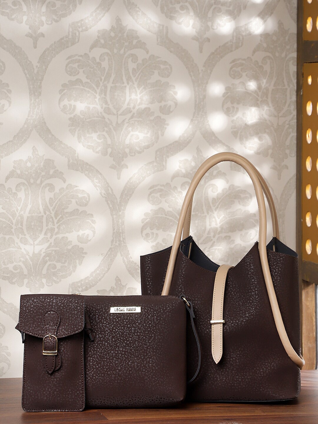 

LEGAL BRIBE Pack of 3 PU Structured Handheld Bag, Brown