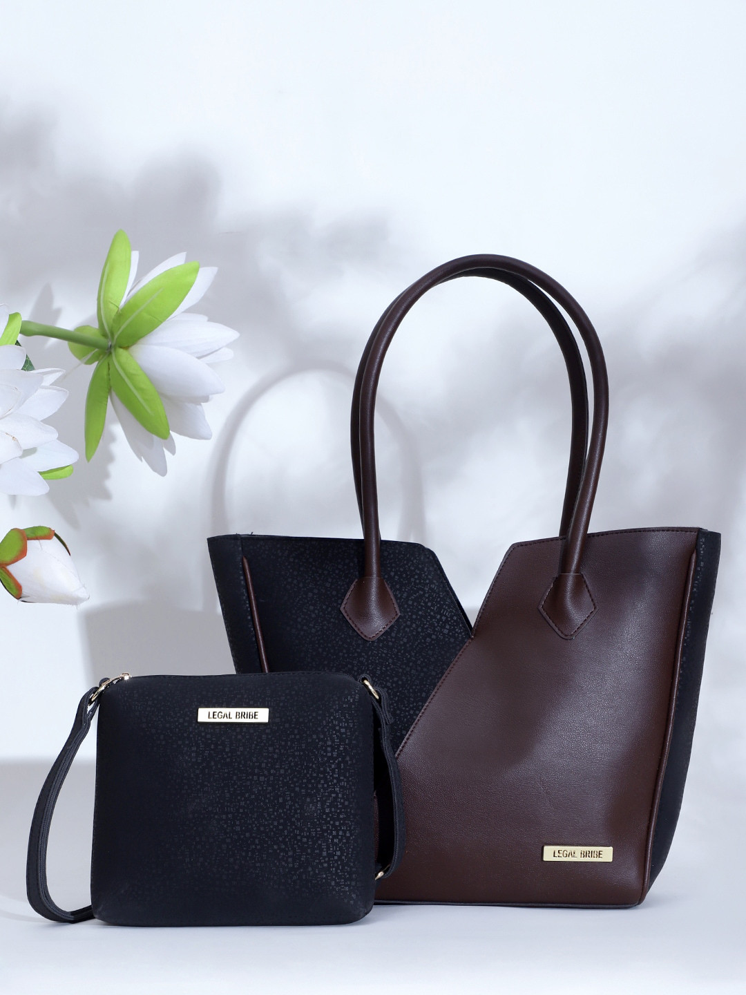 

LEGAL BRIBE Pack Of 2 Colourblocked Shopper Shoulder Bag, Black