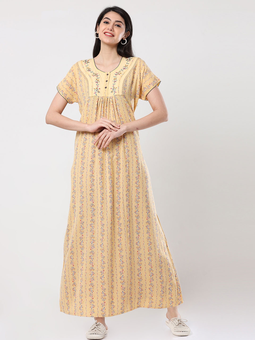 

9shines Label Printed Round Neck Maxi Nightdress, Beige