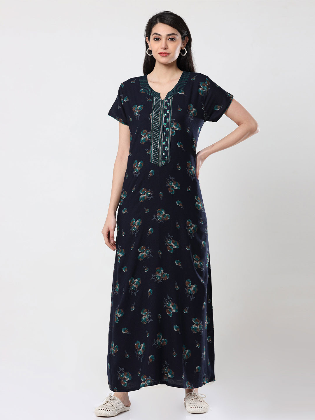 

9shines Label Printed Round Neck Maxi Nightdress, Navy blue
