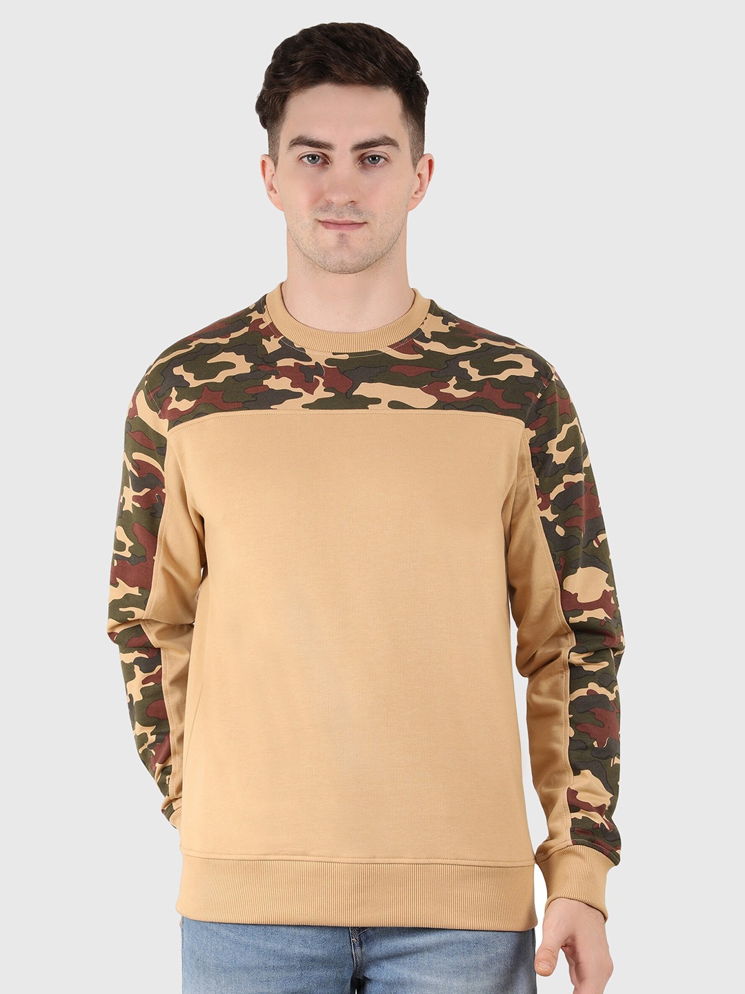 

Y&I Men Printed Round Neck Cotton Sweatshirt, Beige