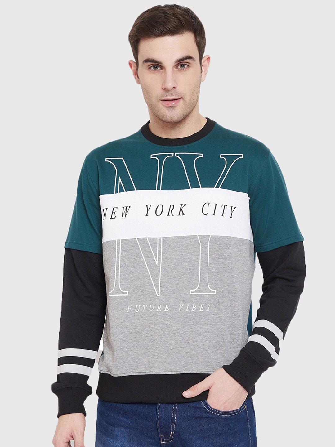 

Y&I Men Colourblocked Cotton Pullover Sweatshirt, Teal