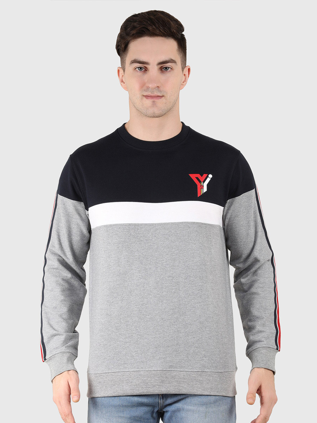 

Y&I Men Colourblocked Cotton Sweatshirt, Grey