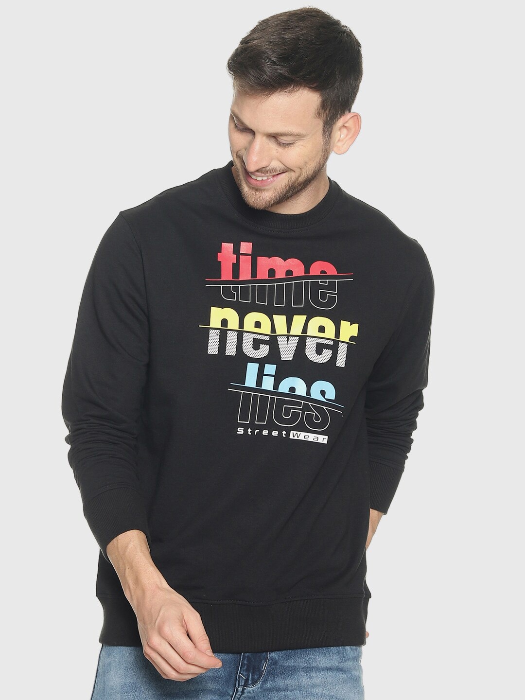 

Y&I Men Printed Round Neck Cotton Sweatshirt, Black
