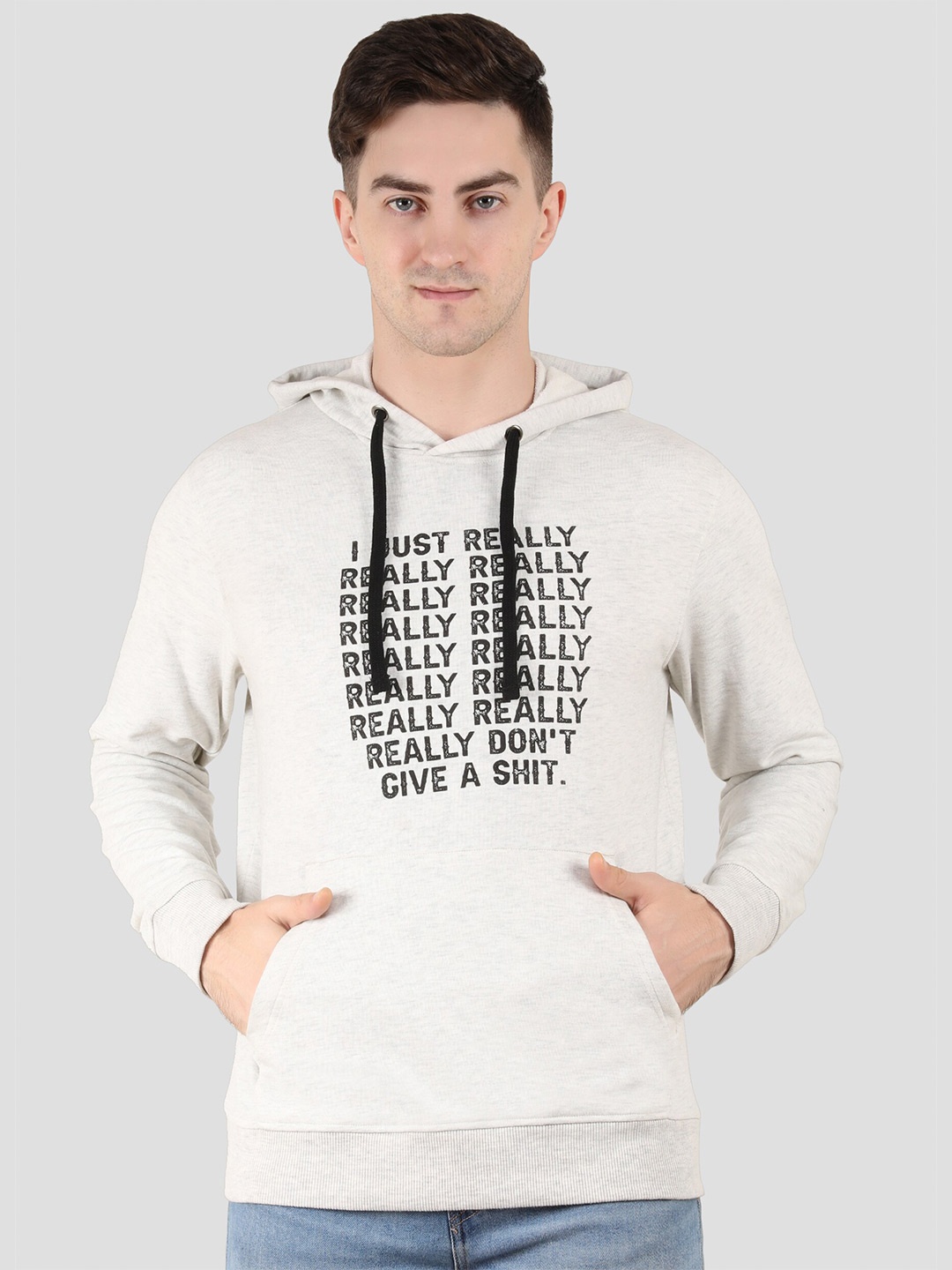 

Y&I Men Printed Cotton Hooded Sweatshirt, Off white