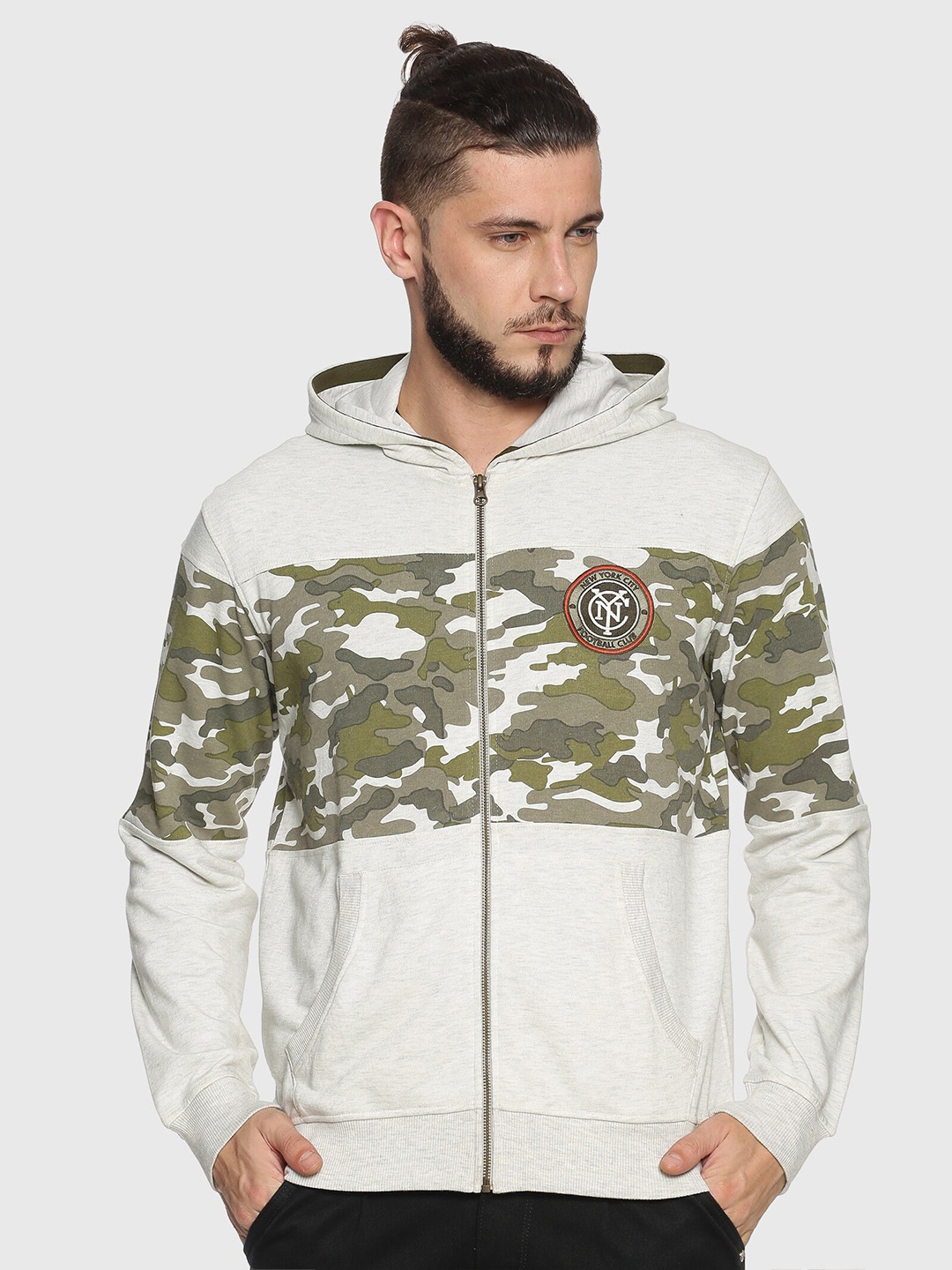 

Y&I Men Printed Hooded Cotton Sweatshirt, Grey