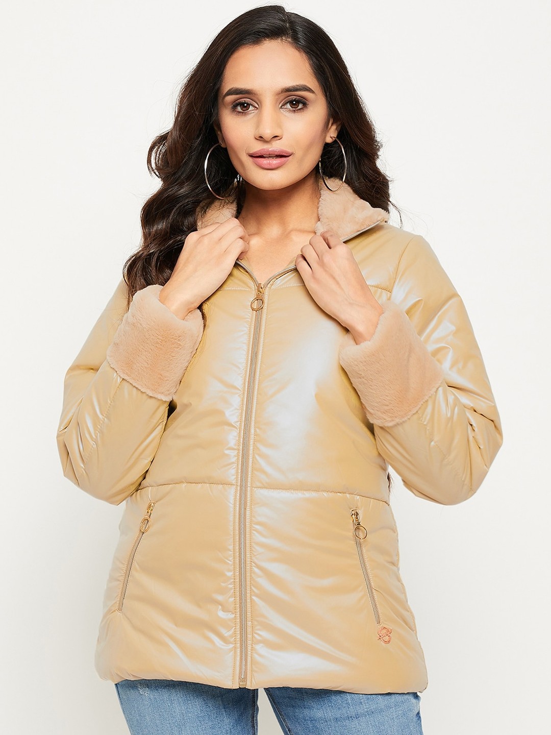

Duke Women Mock Collar Longline Padded Jacket, Beige