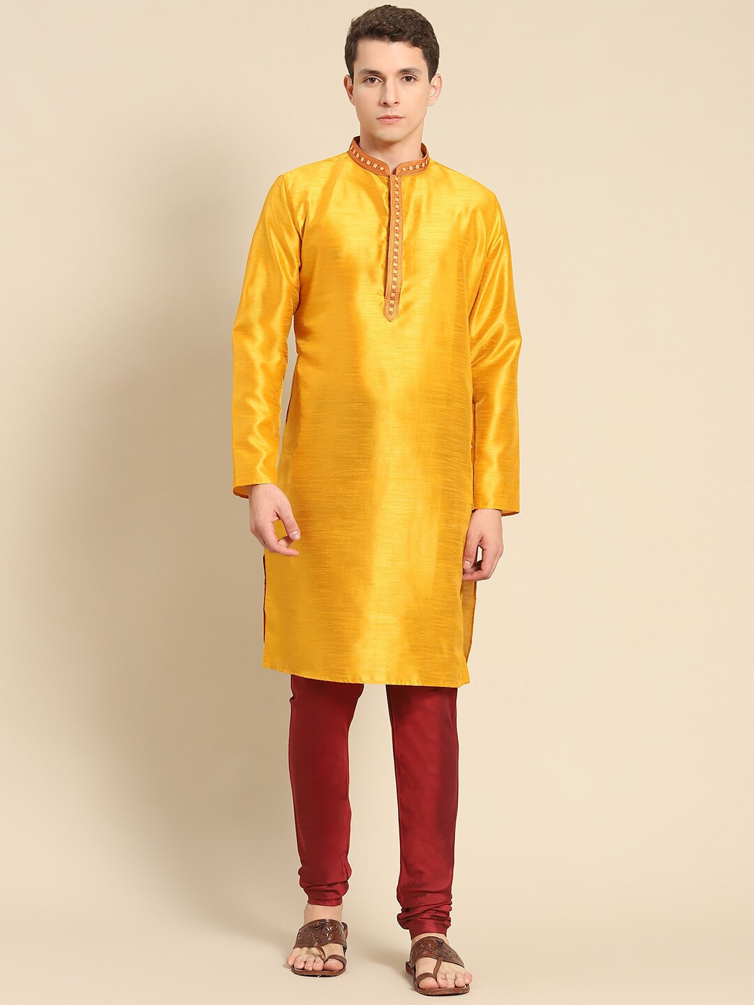 

Amodh by Kisah Men Mandarin Collar Kurta with Churidar, Mustard