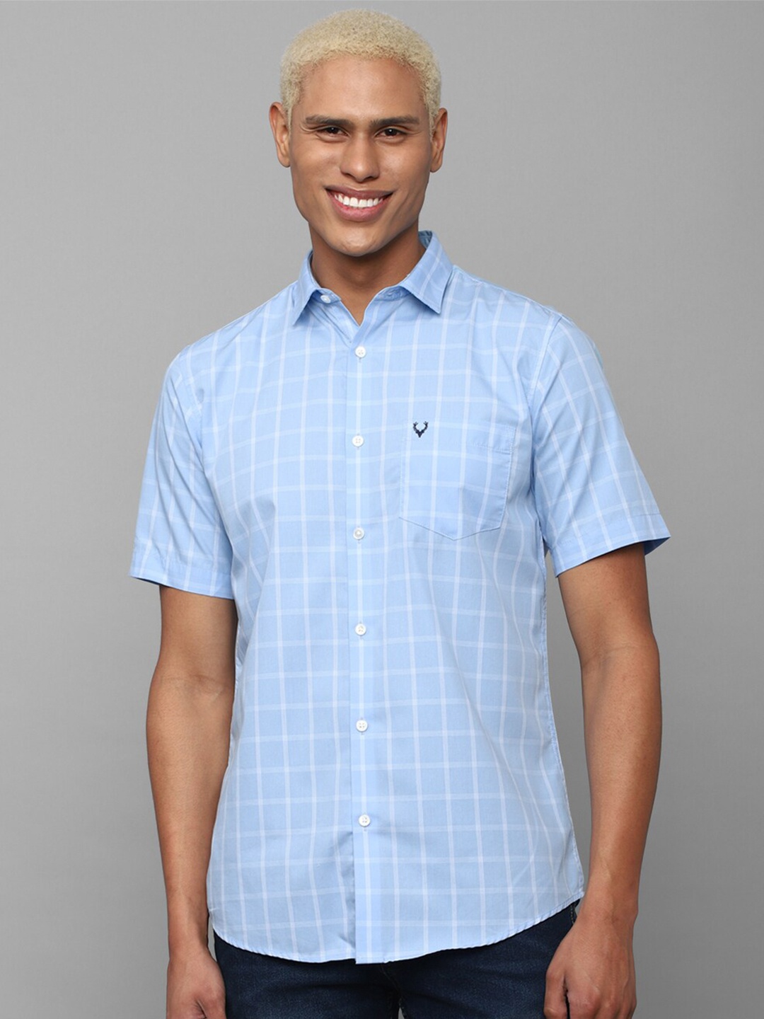 

Allen Solly Men Slim Fit Windowpane Checks Checked Pure Cotton Casual Shirt, Blue