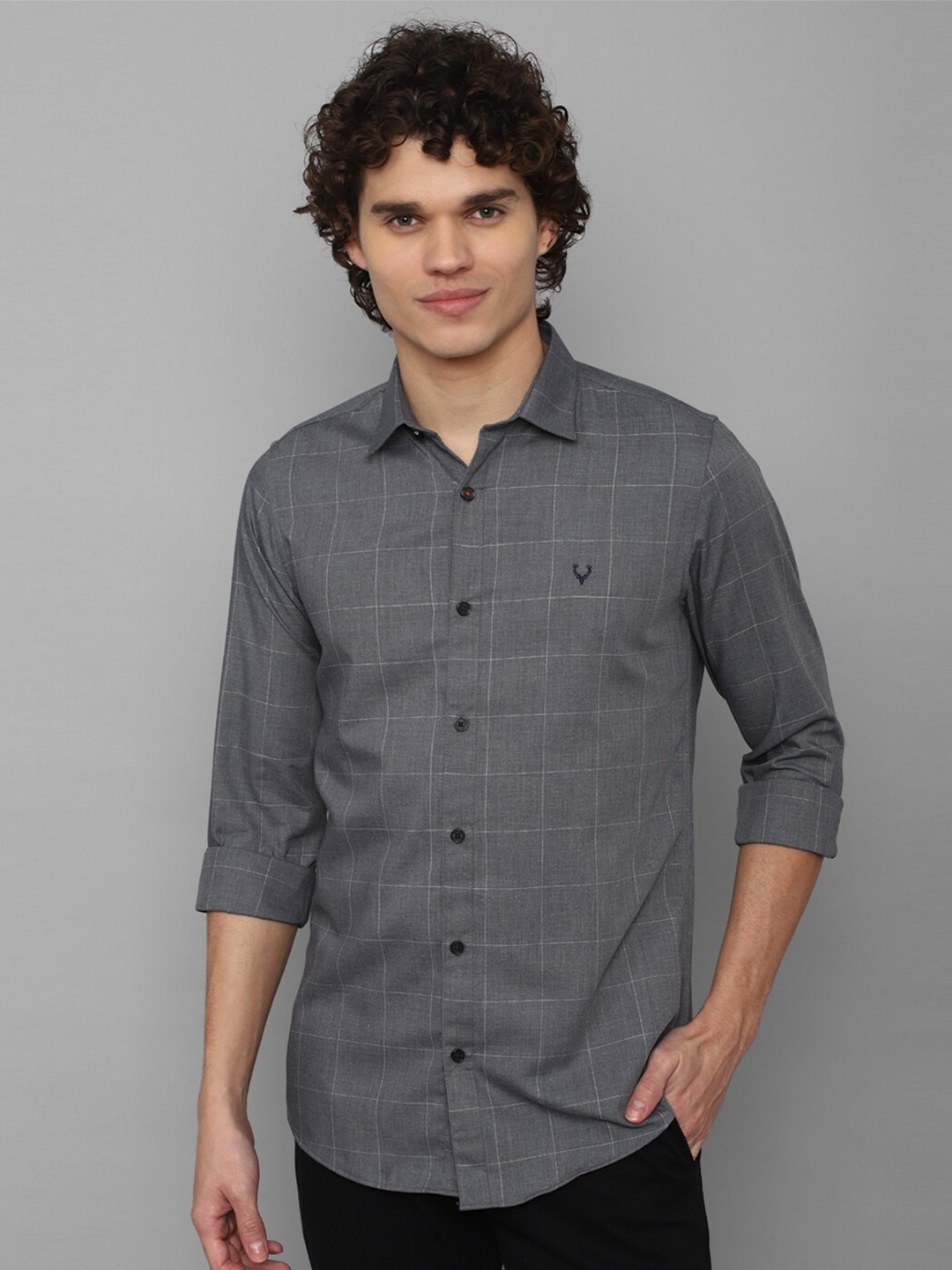 

Allen Solly Men Slim Fit Windowpane Checked Casual Shirt, Grey