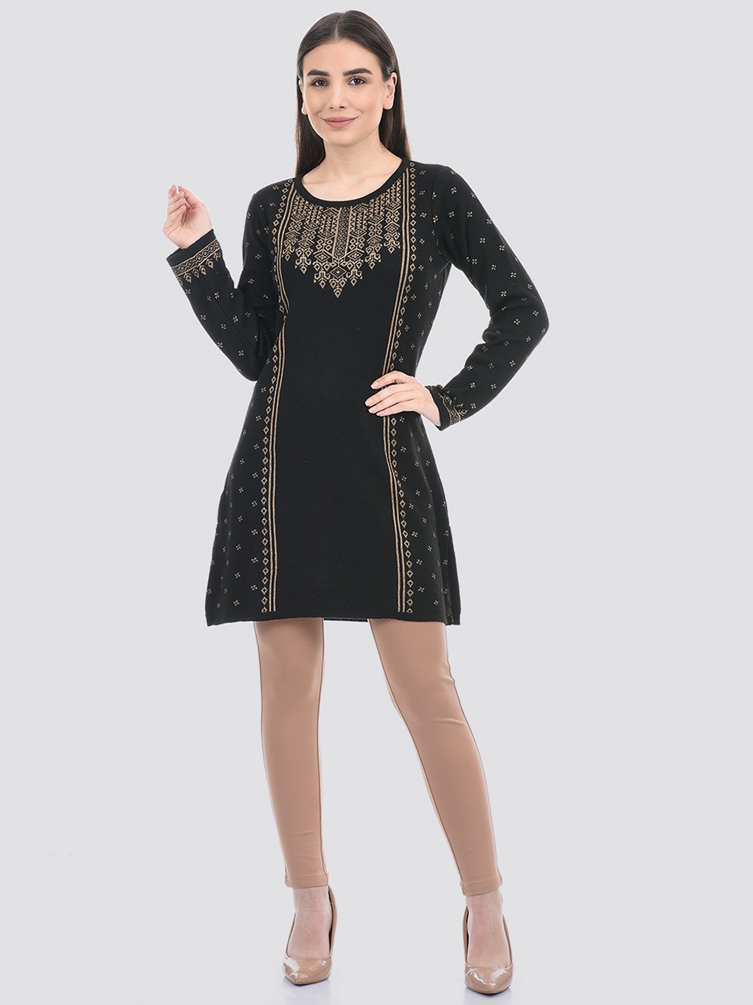 

American Eye Ethnic Motifs Printed Jacquard Acrylic Kurta, Black