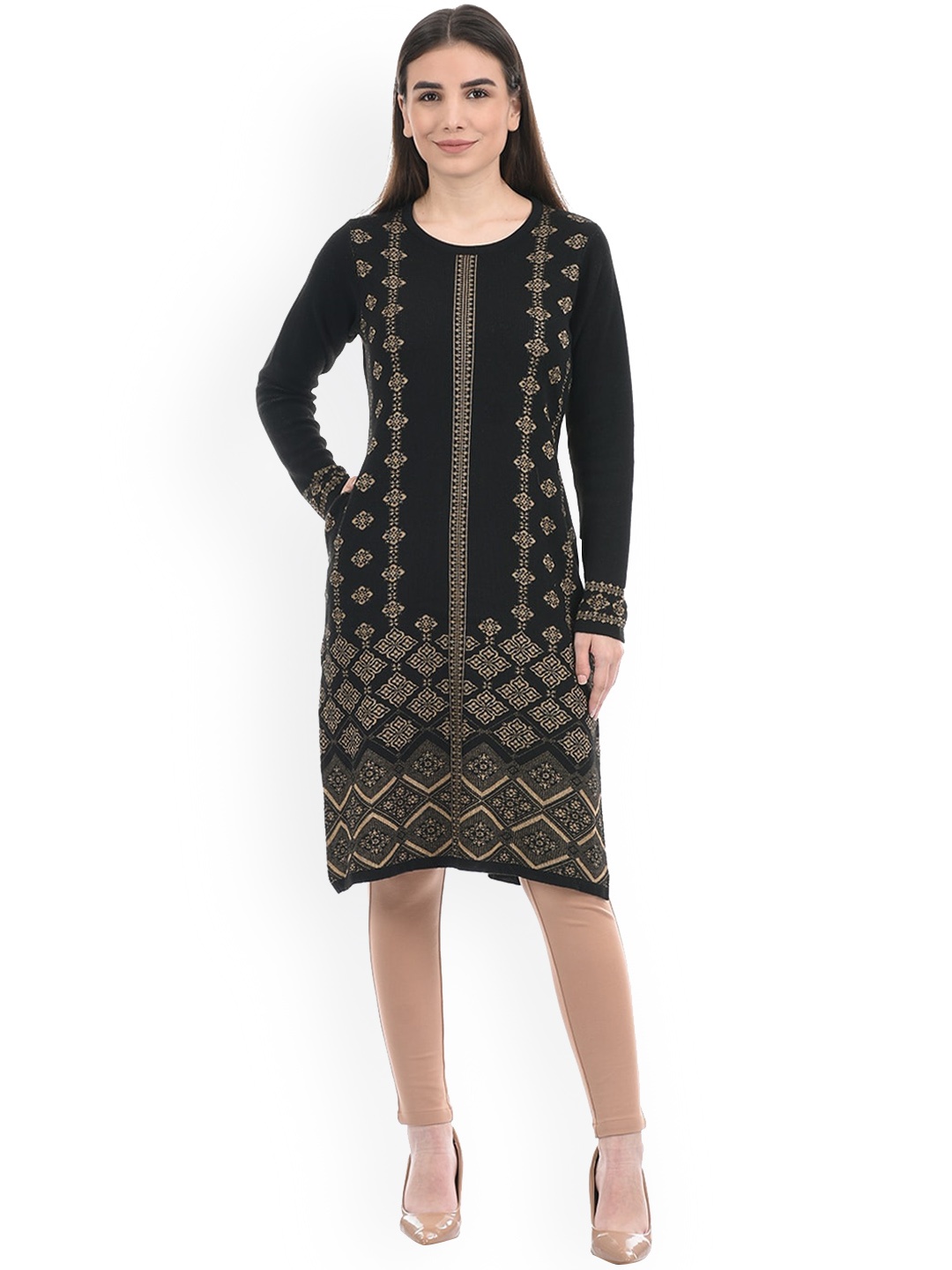 

American Eye Women Geometric Jacquard Kurta, Black