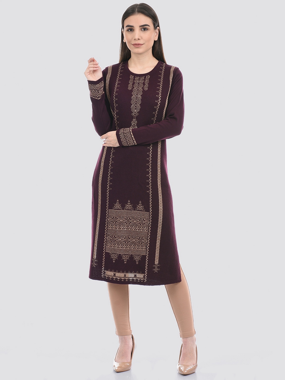 

American Eye Ethnic Motifs Printed Acrylic Jacquard Kurta, Maroon