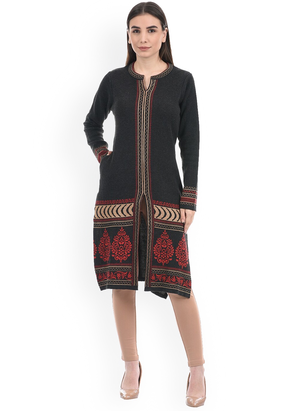

American Eye Women Ethnic Motifs Printed Jacquard Kurta, Black